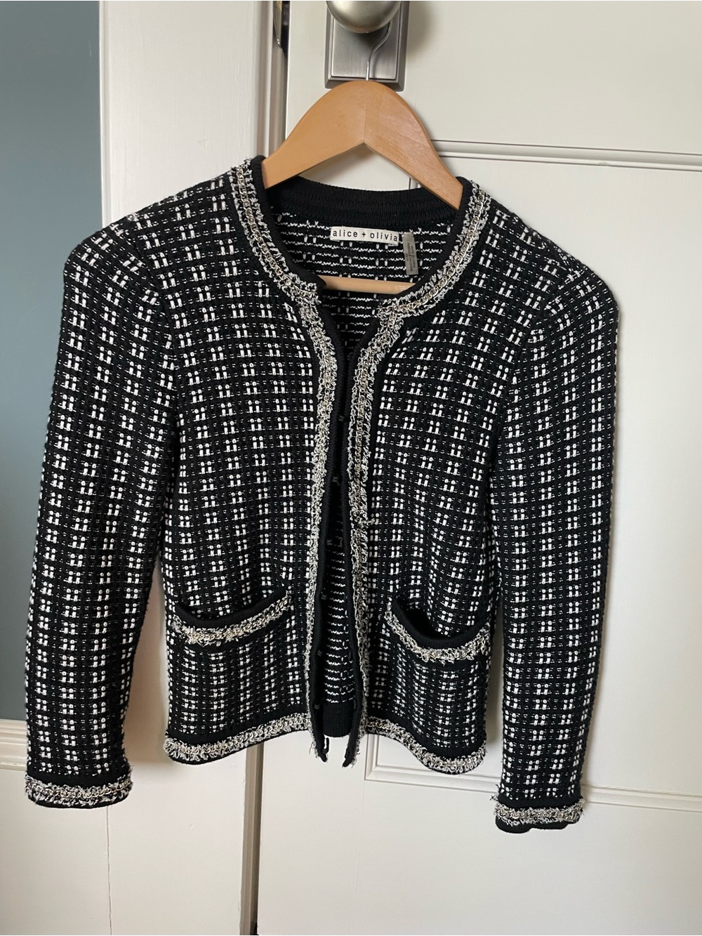 Alice + Olivia Black and White Tweed Fringe Trim Jacket